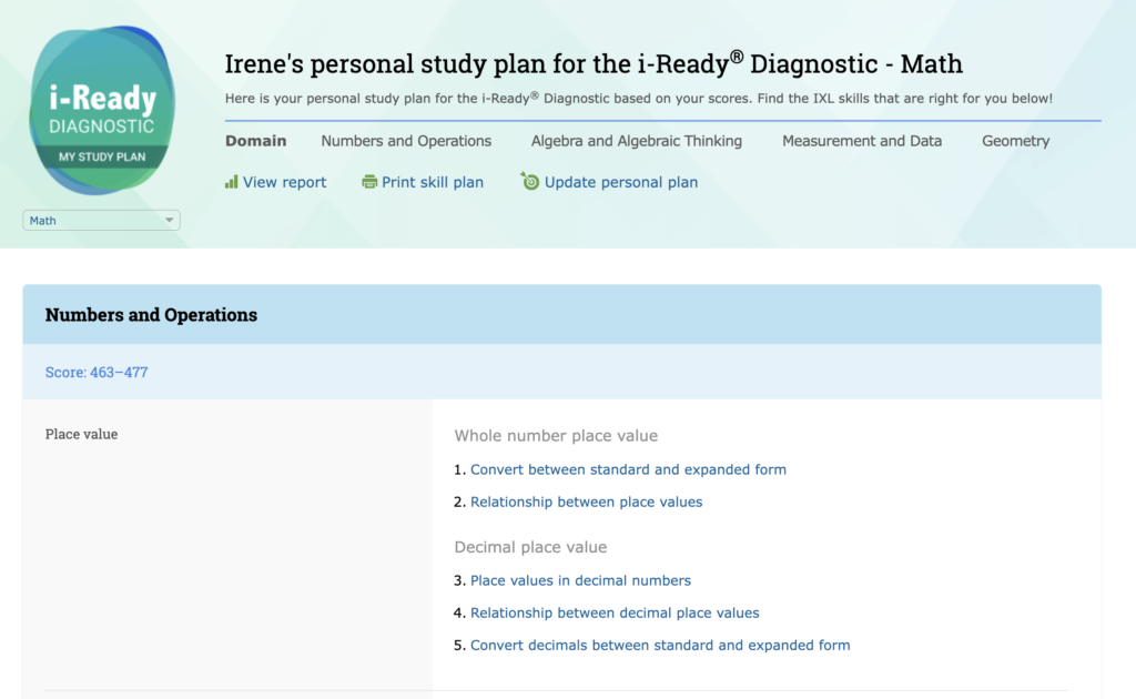 i-Ready Diagnostic study plans 